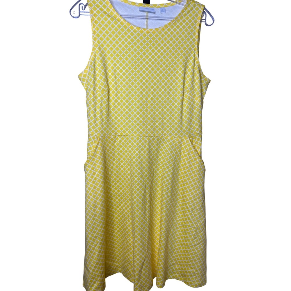 New York & Co Yellow White Diamond Sleeveless Dress with Pockets 100% cotton